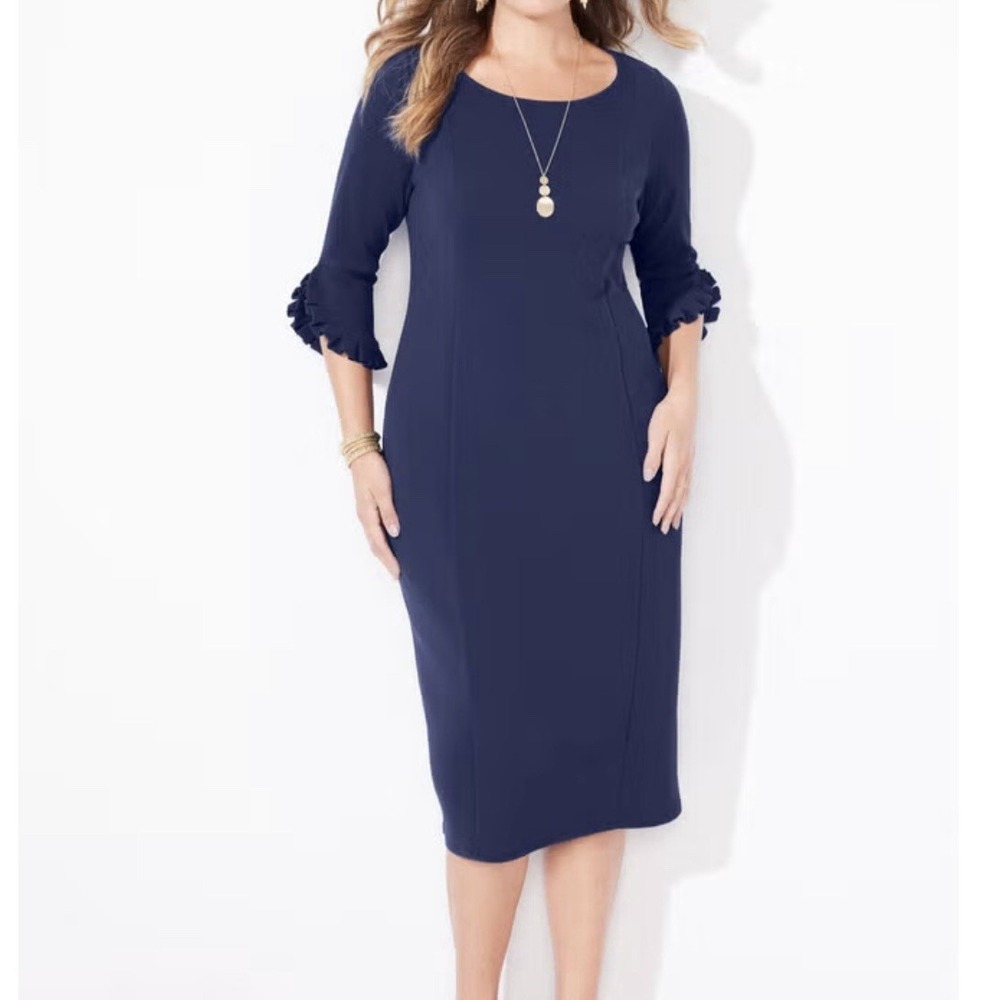 Catherines Navy Blue Bell Ruffle Sleeve Stretch Shift Dress Size 4X